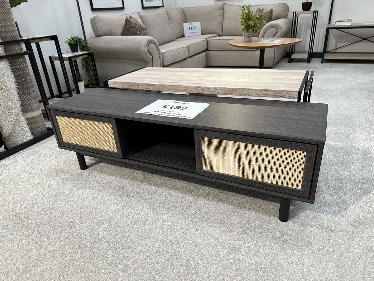 Pavia TV Unit Natural Rattan & Black Wood Effect